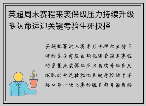 英超周末赛程来袭保级压力持续升级多队命运迎关键考验生死抉择 英超周末赛程来袭保级压力持续升级多队命运迎关键考验生死抉择
